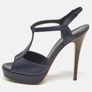 Yves Saint Laurent Navy Blue Leather T Strap Platform Sandals Size 38.5