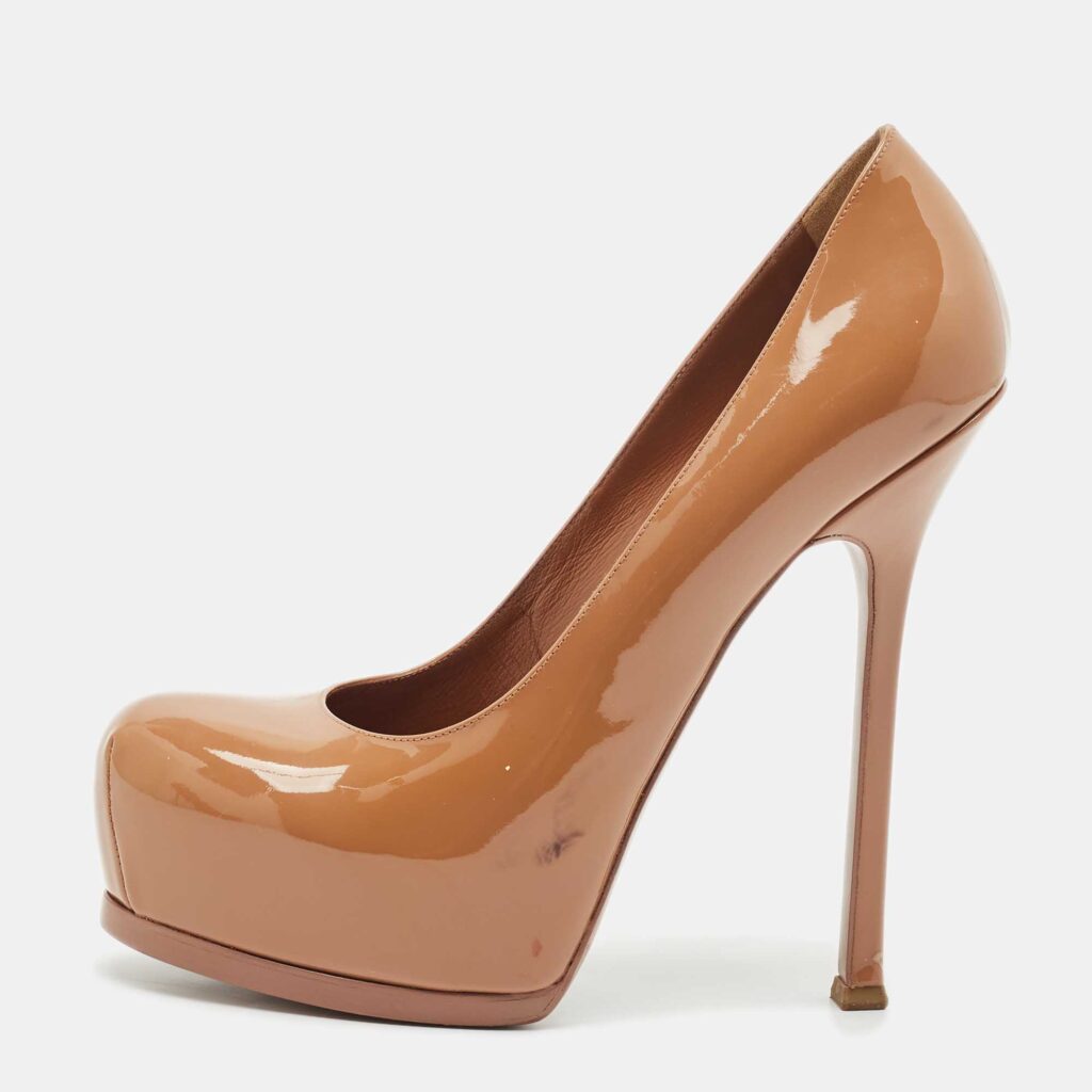 luxury-women-yves-saint-laurent-used-shoes-p1152420-003 Yves Saint Laurent Beige Patent Leather Tribtoo Platform Pumps Size 39.5