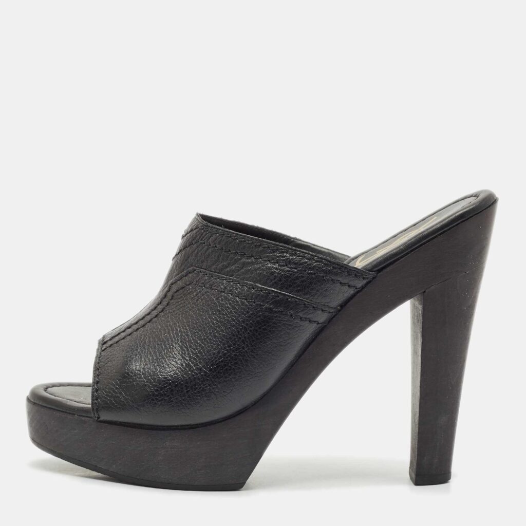 luxury-women-yves-saint-laurent-used-shoes-p1152962-003 Yves Saint Laurent Black Leather Wooden Platform Mules Size 38.5