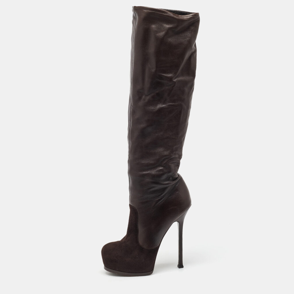 luxury-women-yves-saint-laurent-used-shoes-p1163513-007 Yves Saint Laurent Dark Brown Suede and Leather Platform Knee High Boots Size 40