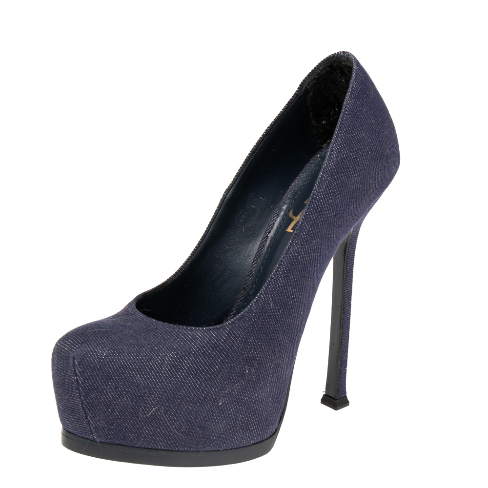 luxury-women-yves-saint-laurent-used-shoes-p503780-006-2 Yves Saint Laurent Blue Denim Fabric Tribtoo Platform Pumps Size 36.5
