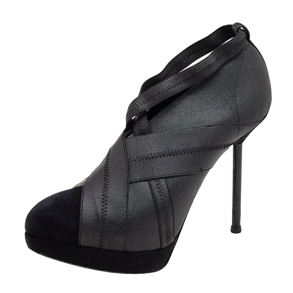 luxury-women-yves-saint-laurent-used-shoes-p582810-004-2 Yves Saint Laurent Black Elastic Bandage And Suede Booties Size 39.5