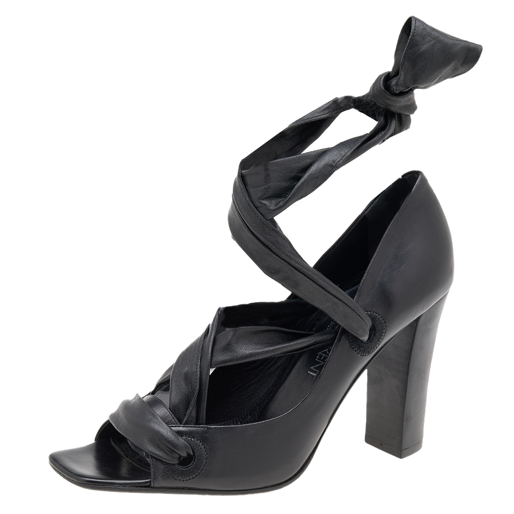 Yves Saint Laurent Black Leather Open Toe Ankle Wrap Pumps Size 37.5