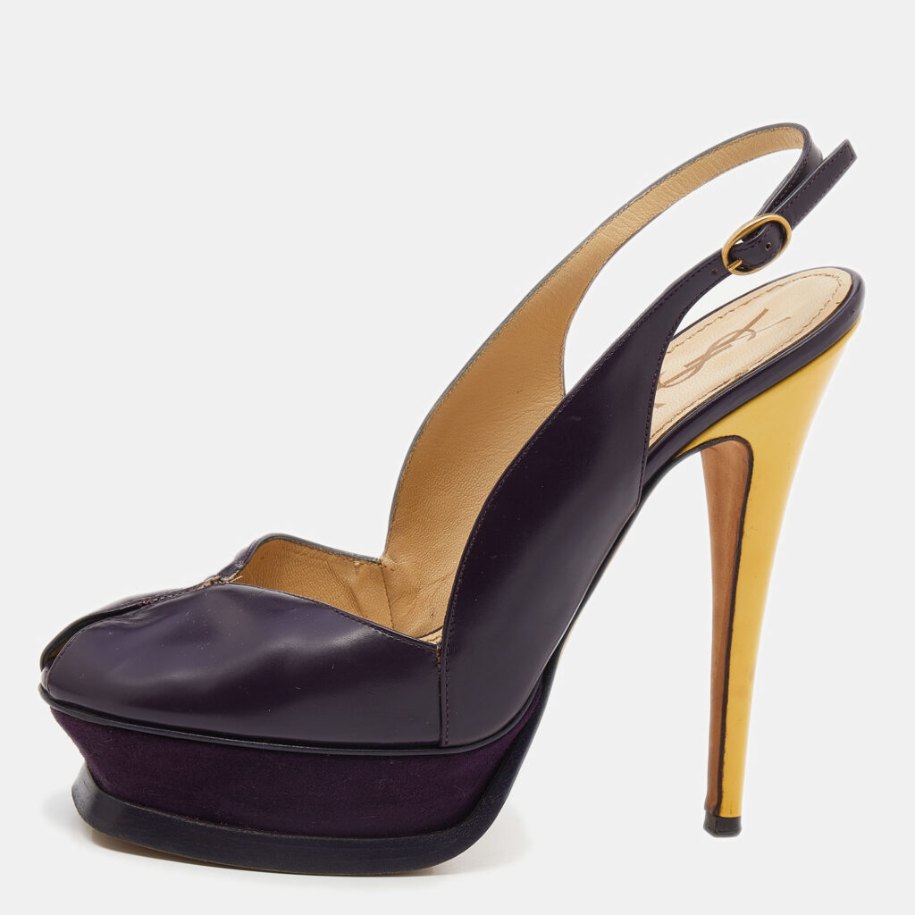 luxury-women-yves-saint-laurent-used-shoes-p641190-011-2 Yves Saint Laurent Purple/Yellow Leather Peep Toe Platform Slingback Sandals Size 38