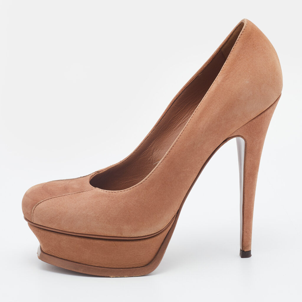 luxury-women-yves-saint-laurent-used-shoes-p705095-005-1 Yves Saint Laurent Brown Nubuck Leather Tribtoo Platform Pumps Size 38