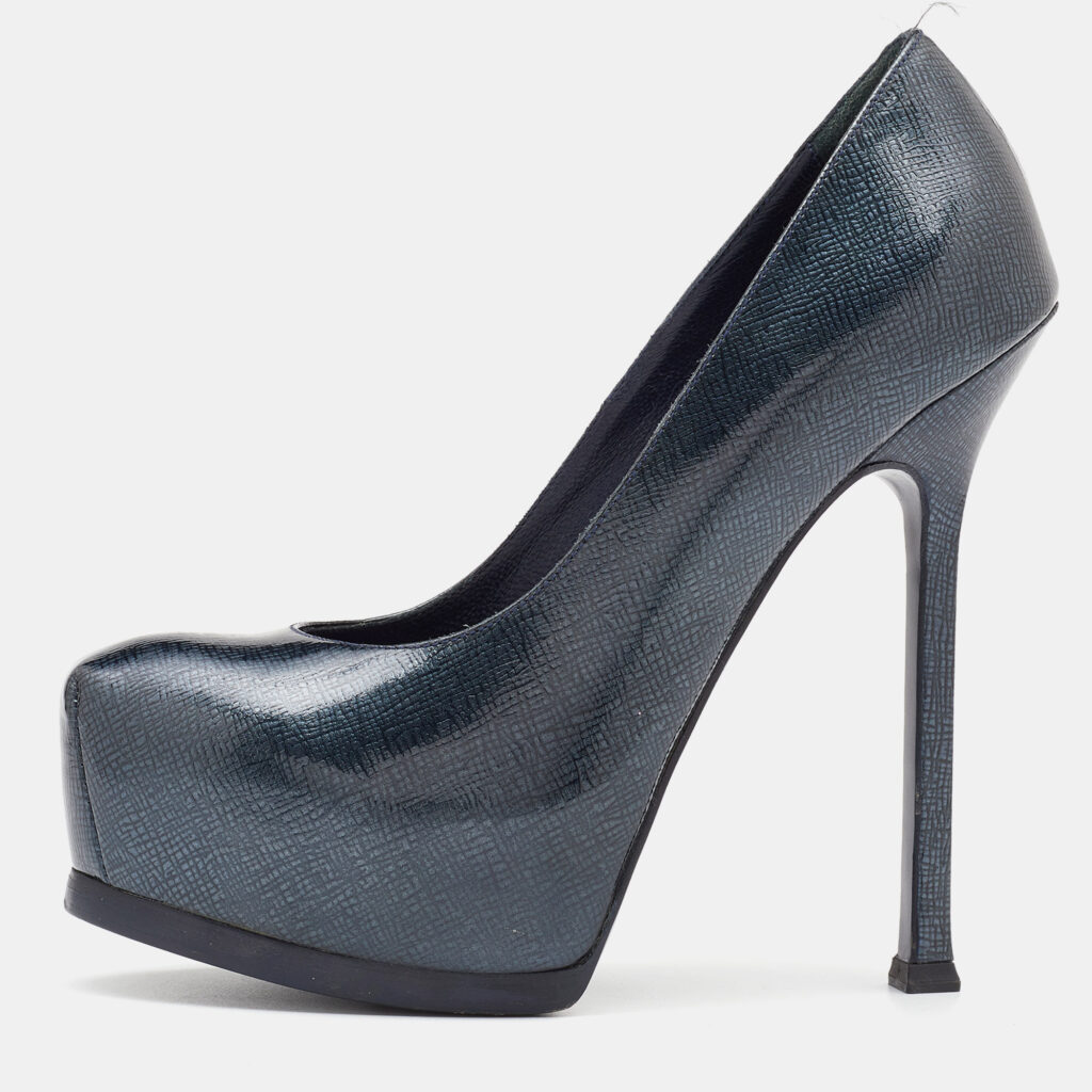 luxury-women-yves-saint-laurent-used-shoes-p719559-003 Yves Saint Laurent Emeral Green Patent Leather Tribtoo Platform Pumps Size 36