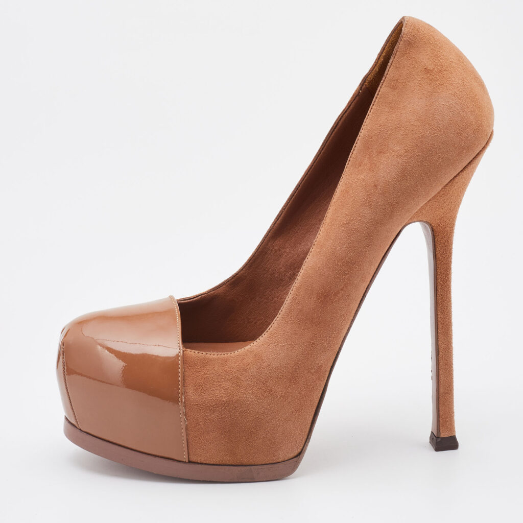 Yves Saint Laurent Brown Suede And Patent Leather Cap Toe Tribtoo Platform Pumps Size 39.5
