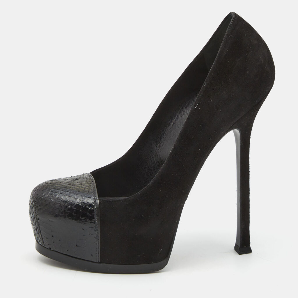 Yves Saint Laurent Black Snakeskin and Suede Tribtoo Pumps Size 37.5