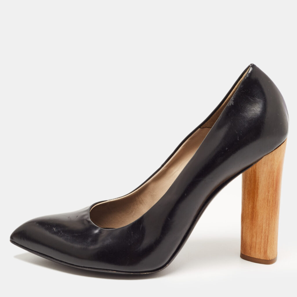 luxury-women-yves-saint-laurent-used-shoes-p872560-001 Yves Saint Laurent Black Leather Pointed Toe Wood Heel Pumps Size 41