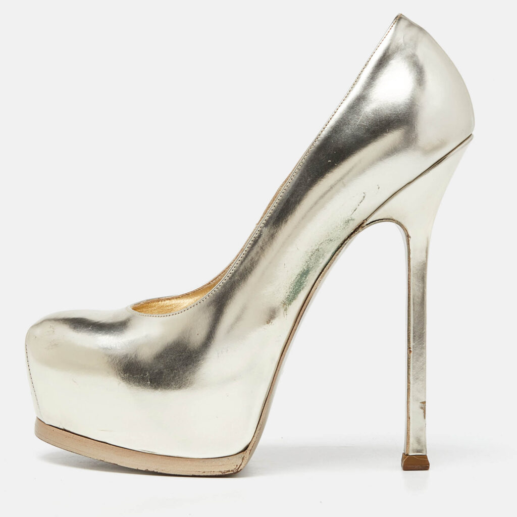 luxury-women-yves-saint-laurent-used-shoes-p952123-010 Yves Saint Laurent Light Gold Leather Tribtoo Platform Pumps Size 37.5