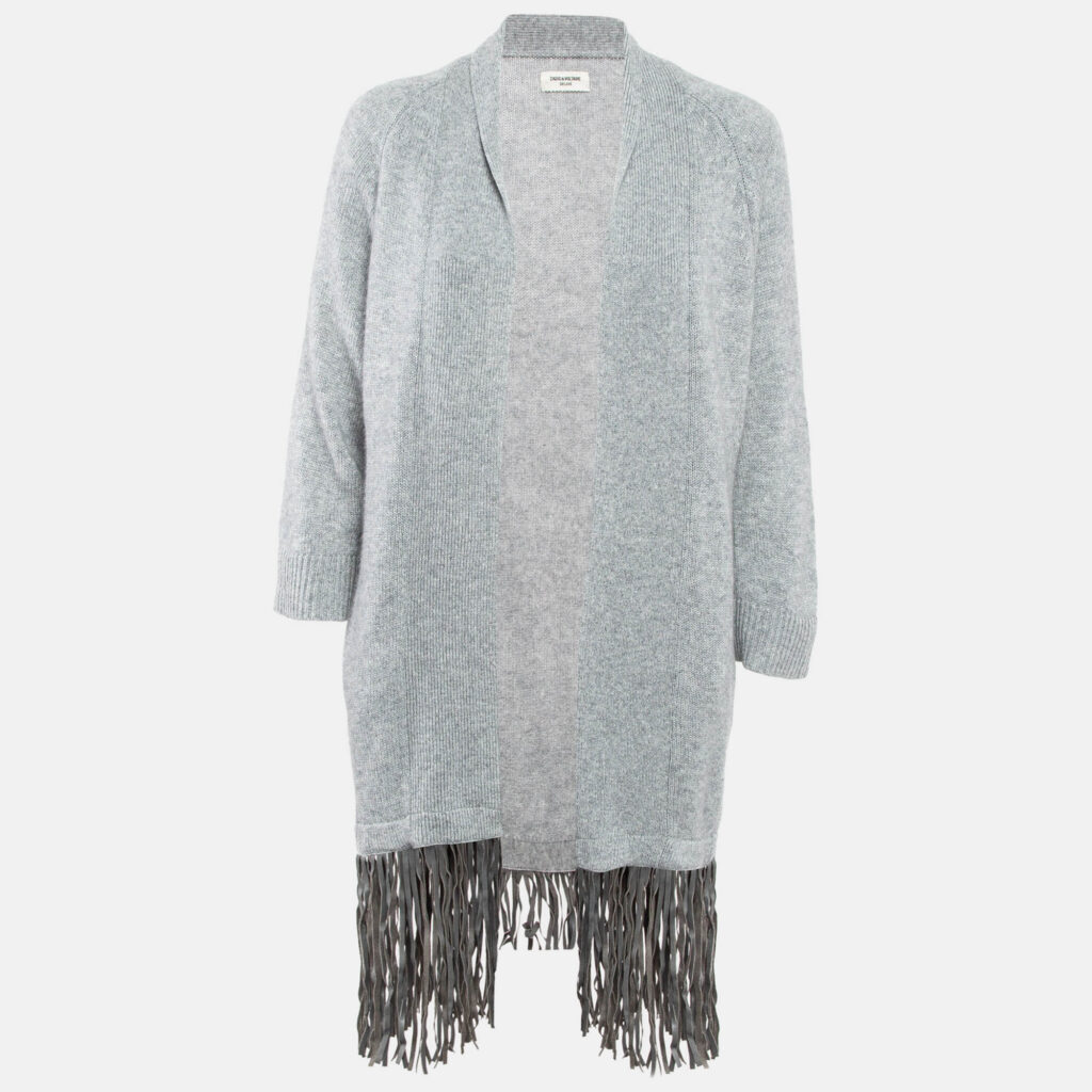 Zadig & Voltaire Delux Grey Cashmere Knit Open Front Fringed Cardigan XS/S
