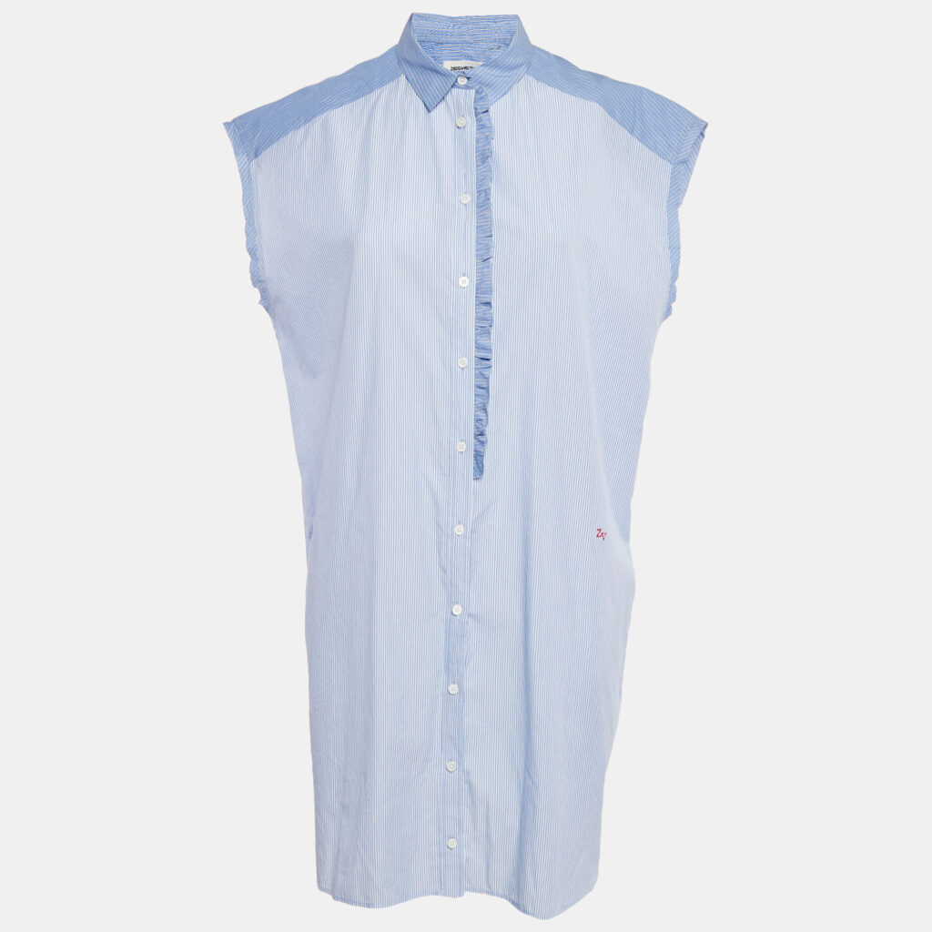 Zadig & Voltaire Blue Stripe Cotton Button Front Ruffled Rilt Mini Dress S