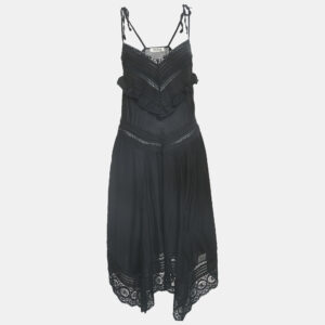 Zadig & Voltaire Black Cotton Lace Trimmed Tie-Up Detail Asymmetric Midi Dress XS