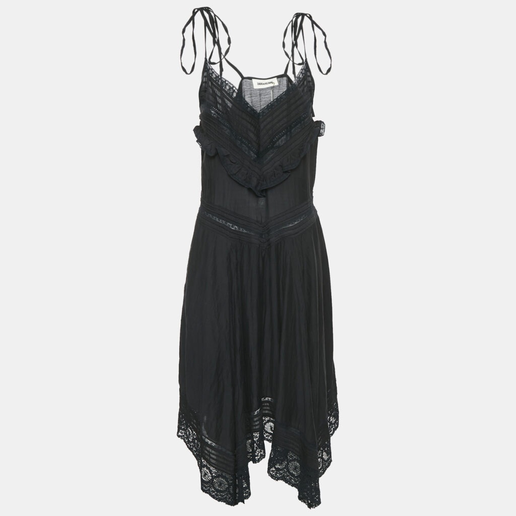 Zadig & Voltaire Black Lace Trim Rilli Cotton Asymmetric Midi Dress M