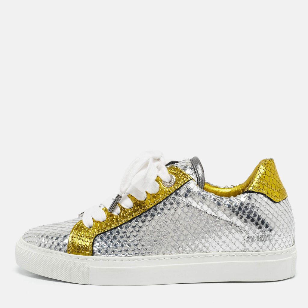 luxury-women-zadig-and-voltaire-new-shoes-p1109114-010 Zadig & Voltaire Silver/Gold Snakeskin Embossed Leather Lace Up Sneakers Size 36