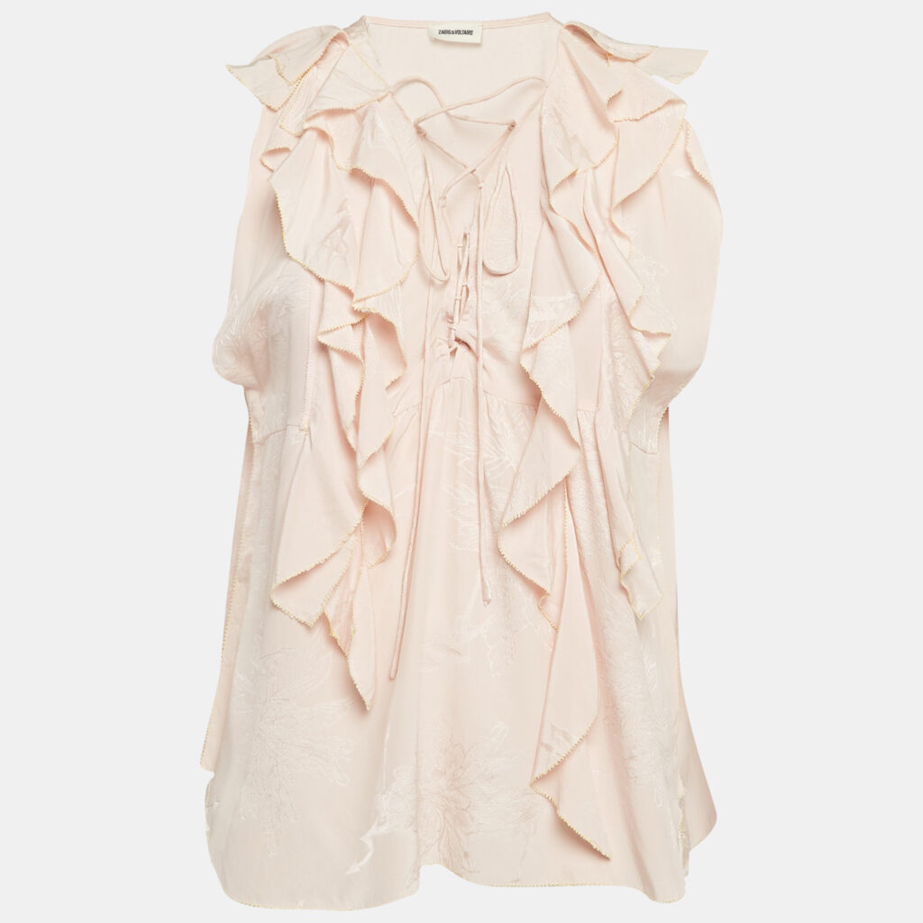 luxury-women-zadig-and-voltaire-used-clothes-p1041931-002 Zadig & Voltaire Pink Floral Jacquard Ruffled Time Lace-Up Top L