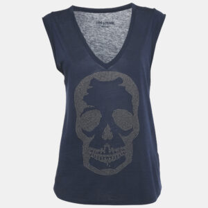 Zadig & Voltaire Navy Blue Skull Stud Cotton and Modal Knit Brooklyn Strass Top S