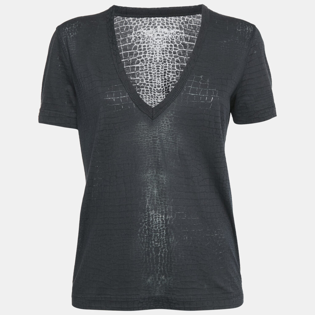 Zadig & Voltaire Dark Grey Reptile Print Knit V-Neck Top S
