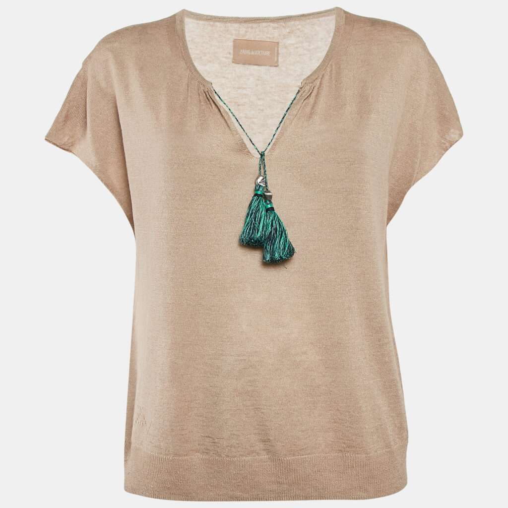 luxury-women-zadig-and-voltaire-used-clothes-p1141397-001 Zadig & Voltaire Beige Linen Knit Tie-Up Detail Card Top S