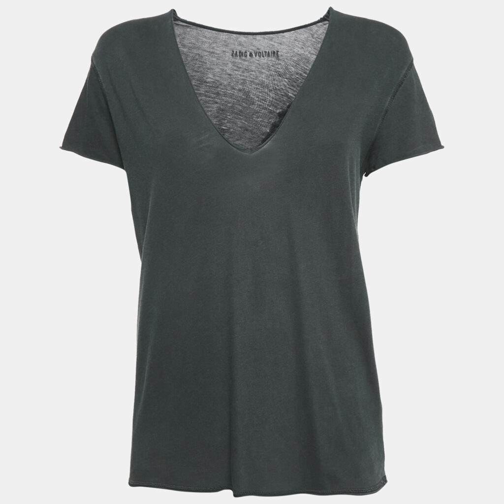 luxury-women-zadig-and-voltaire-used-clothes-p1141401-005 Zadig & Voltaire Charcoal Grey Cotton Knit V-Neck Story Fishnet Top S