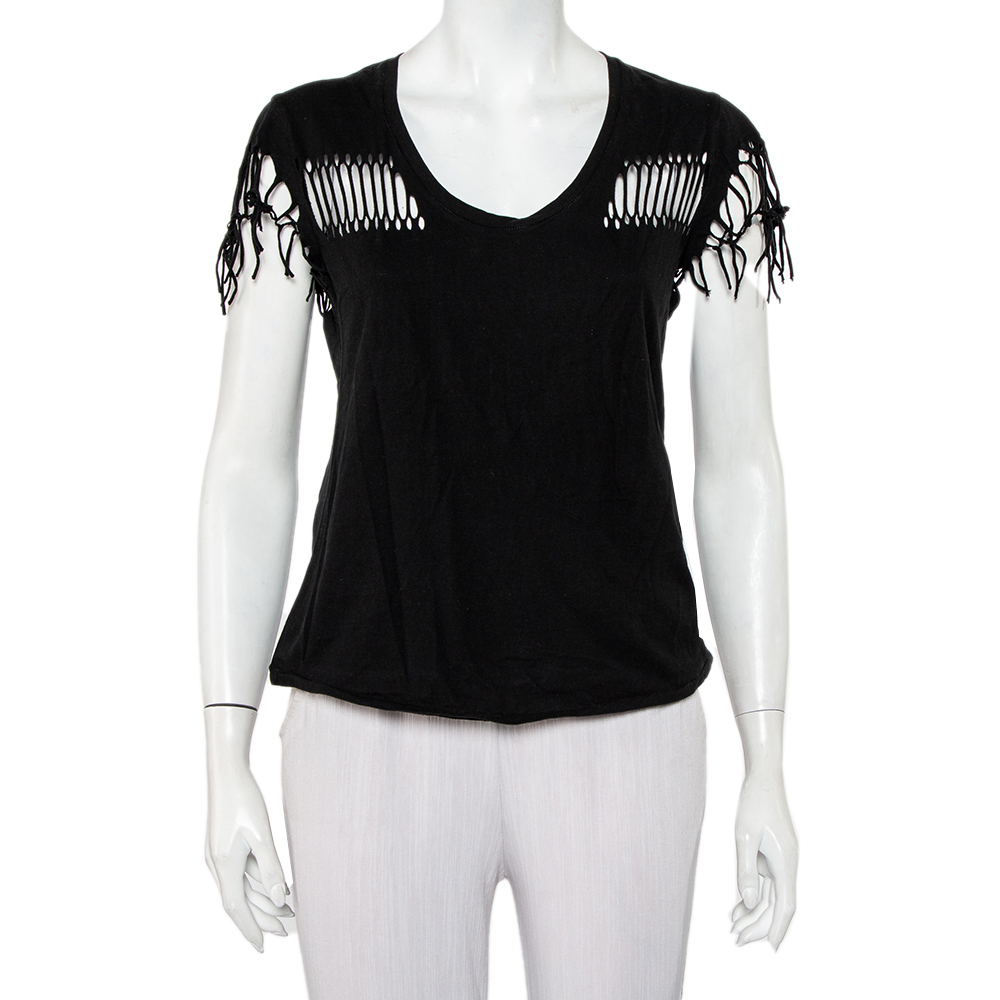 luxury-women-zadig-and-voltaire-used-clothes-p440444-004 Zadig & Voltaire Black Cotton Scoop Neck Wanda Fringes T-Shirt XS