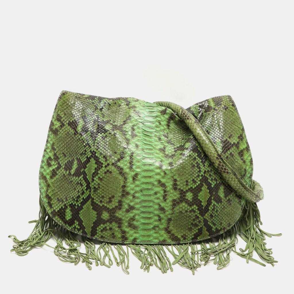 luxury-women-zagliani-used-handbags-p1157287-005 Zagliani Green Python Fringe Details Flap Shoulder Bag