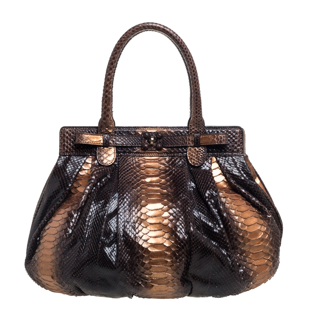 luxury-women-zagliani-used-handbags-p390301-008 Zagliani Metallic Bronze/Brown Gold Python Puffy Hobo
