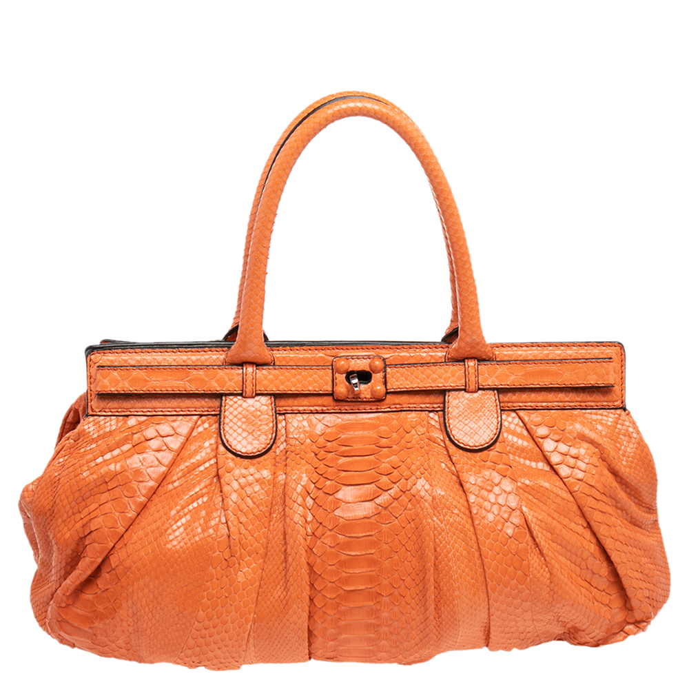 luxury-women-zagliani-used-handbags-p482538-012 Zagliani Orange Python Leather Puffy Satchel