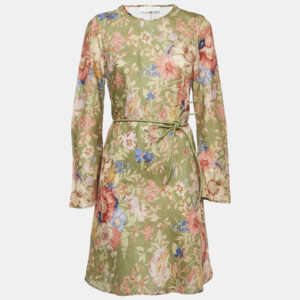 Zimmermann Green Floral Print Linen August Bias Mini Dress L