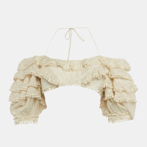 Zimmermann Off White Cotton Blend Ruffled Off Shoulder Crop Top M