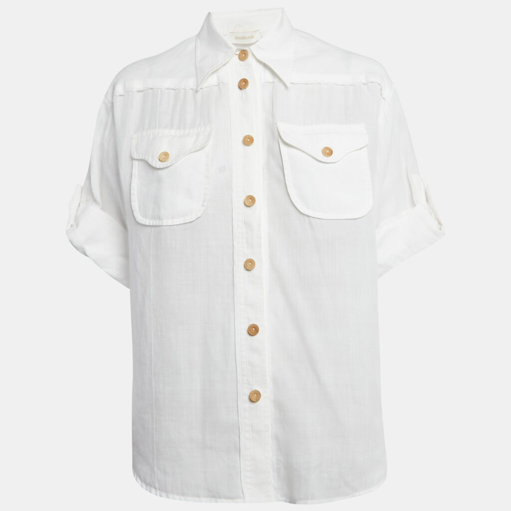 Zimmermann White Ramie Pocket Detail Short Sleeve Shirt S