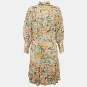 Zimmermann Beige Floral Crepe Print Pintuck Detail Short Dress M