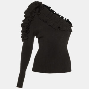Zimmermann Black  Ruffle Detail Rib Knit One Shoulder Top M
