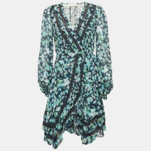 Zimmermann Blue Floral Print Crepe Ruffled  Wrap Mini Dress S