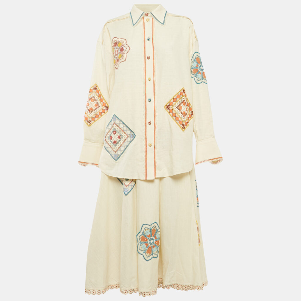 Zimmermann Cream Ottie Lace Trim Cotton Shirt and Skirt Set M/L