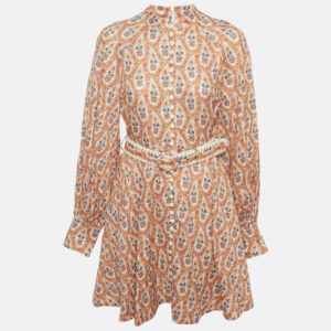 Zimmermann Orange Floral Print Linen Belted Mini Dress M