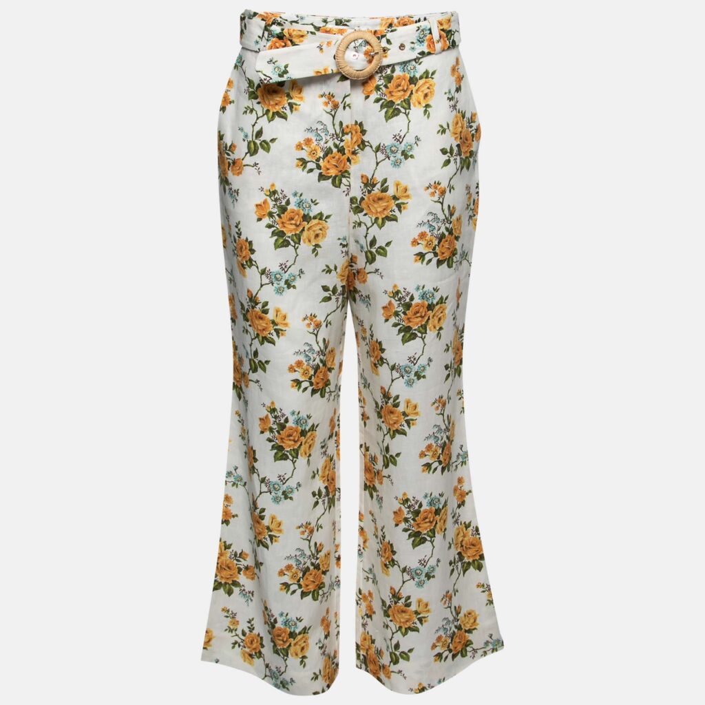 luxury-women-zimmermann-used-clothes-p744329-001 Zimmermann White Floral Printed Linen Belted Straight Pants M