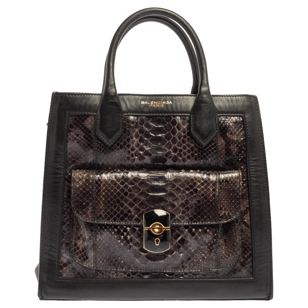 luxury-women-balenciaga-used-handbags-p338352-002 Balenciaga Black Leather and Python Padlock All Afternoon Tote