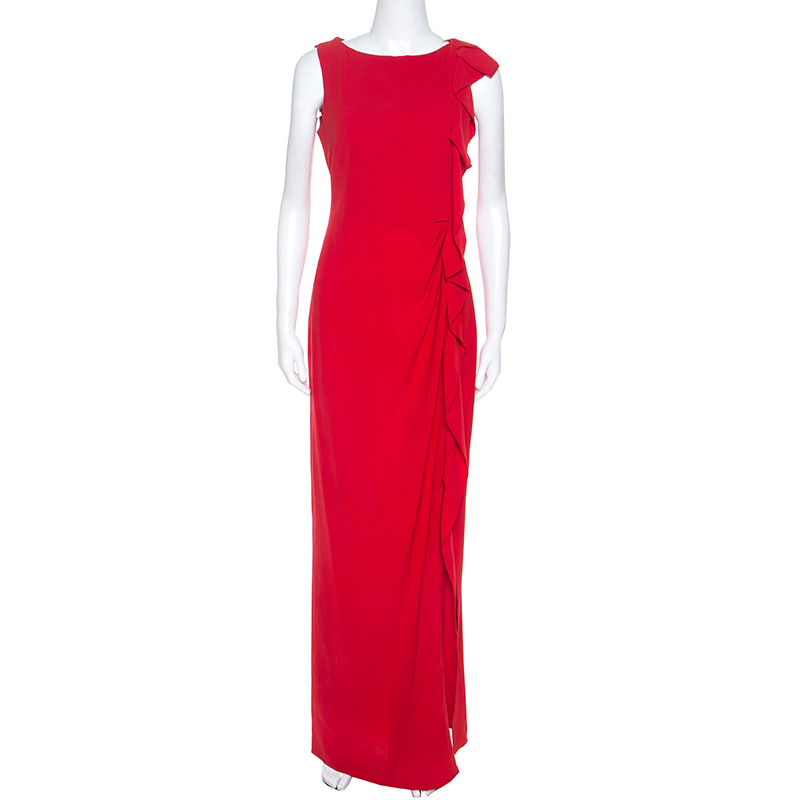 luxury-women-ch-carolina-herrera-used-clothes-p247983-001 CH Carolina Herrera Red Crepe Ruffle Detail Sleeveless Maxi Dress S