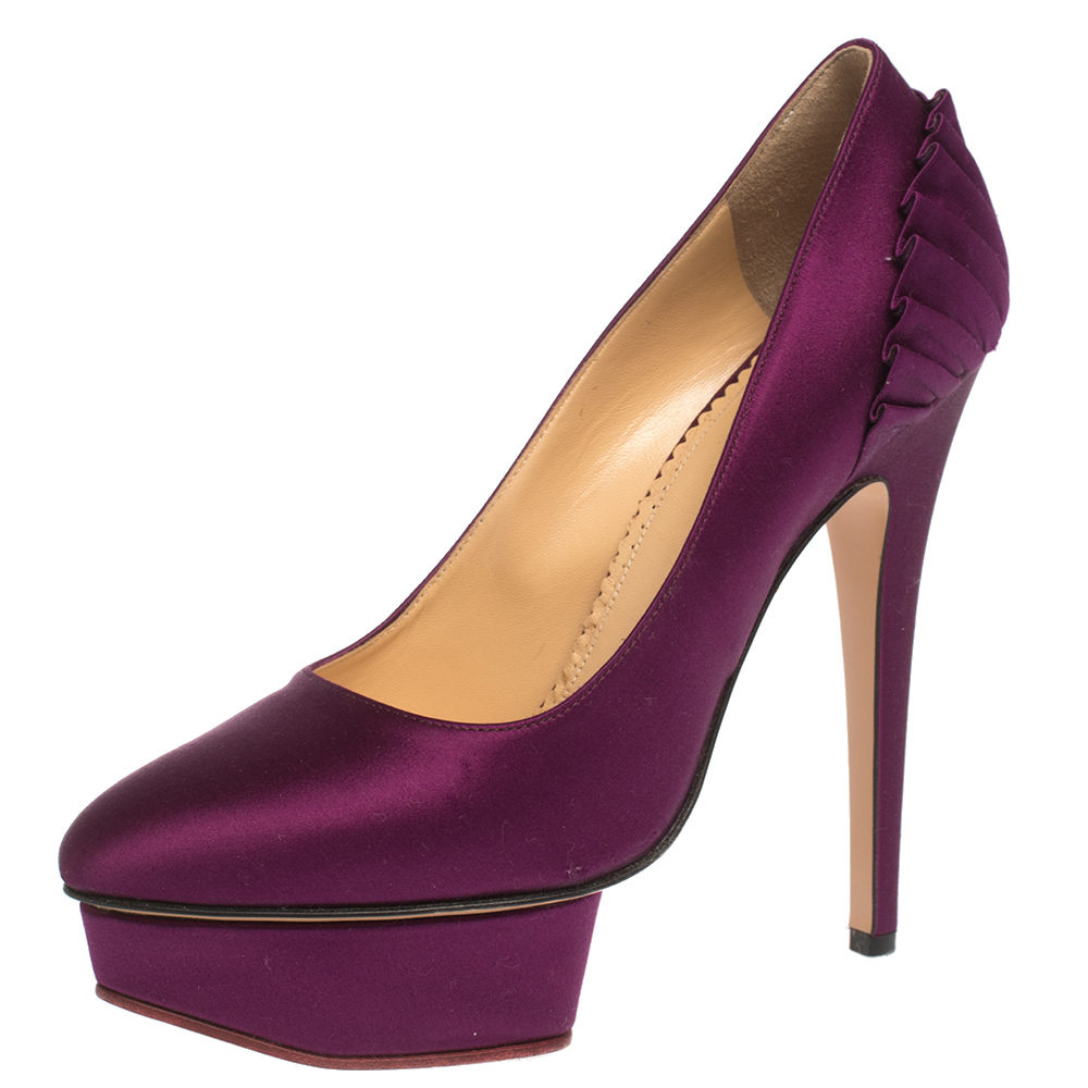 luxury-women-charlotte-olympia-used-shoes-p295816-006 Charlotte Olympia Purple Satin Paloma Fan Pleat Platform Pumps Size 38