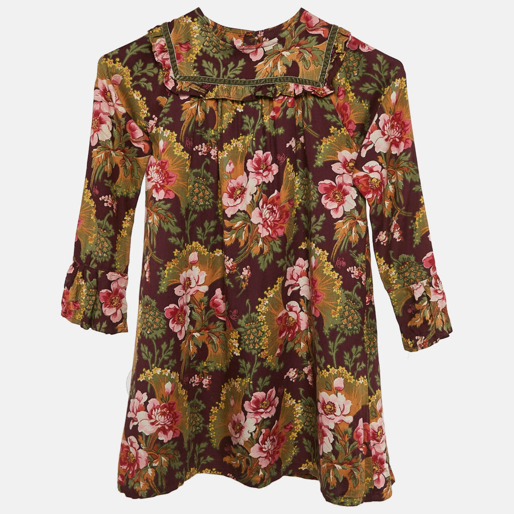 Kenzo Kids Burgundy Floral Print Crepe Ruffled Dress 6 Yrs