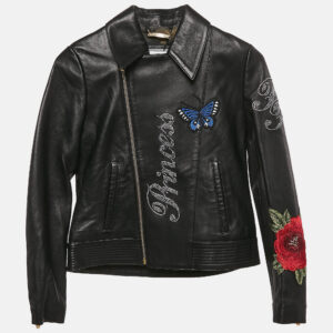 philipp plein junior black applique leather detail zip-up jacket 8 yrs