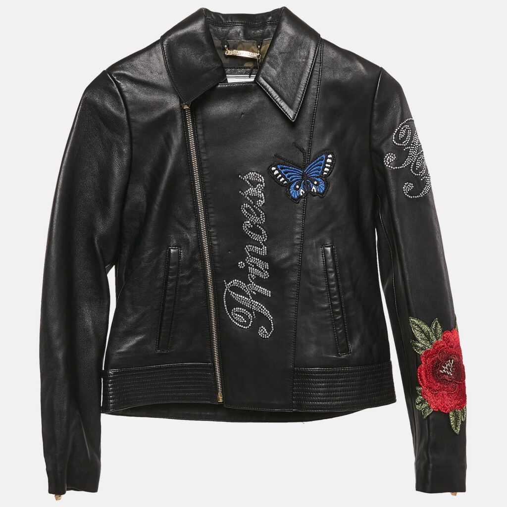 luxury-kids-philipp-plein-new-girls-p1108288-001.jpg Philipp Plein Junior Black Applique Leather Detail Zip-Up Jacket 8 Yrs