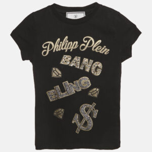 philipp plein junior black printed cotton stud detail t-shirt 6 yrs
