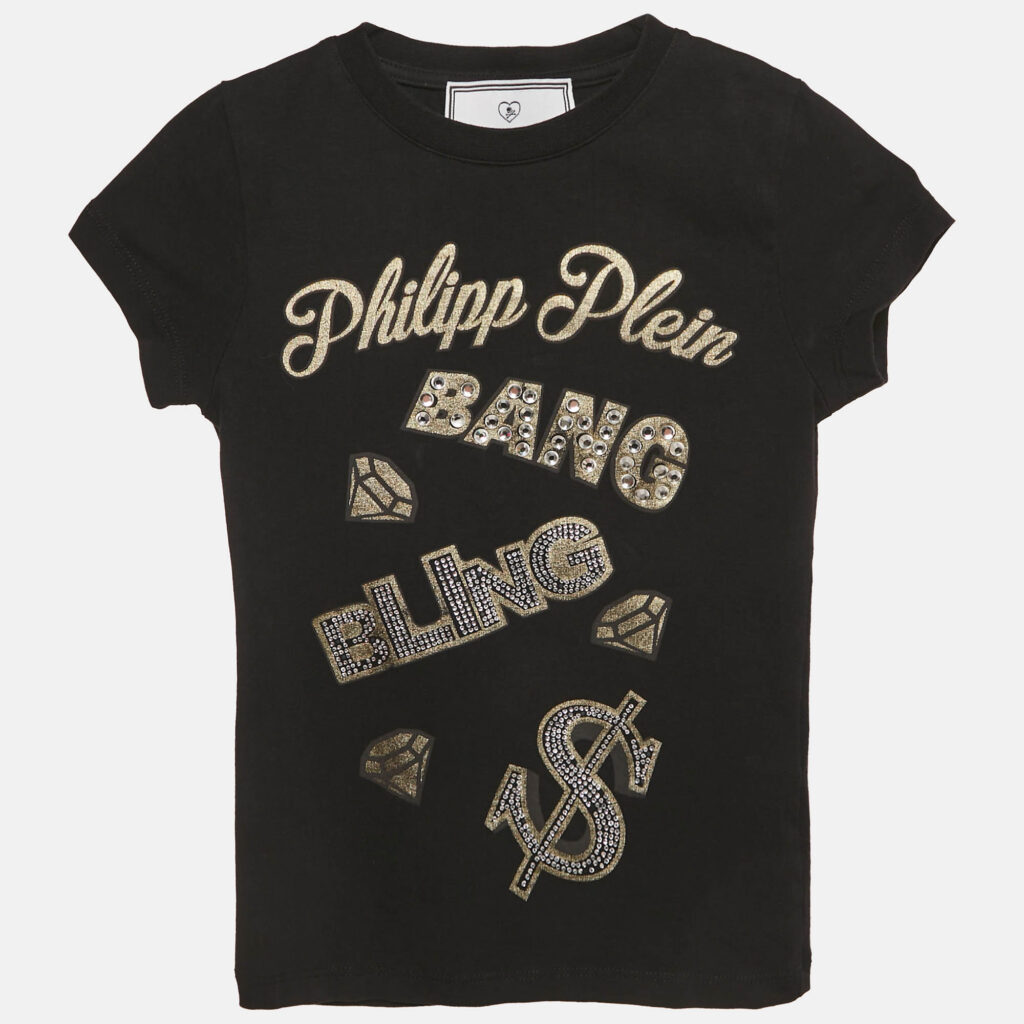 luxury-kids-philipp-plein-used-girls-p1136989-001.jpg Philipp Plein Junior Black Printed Cotton Stud Detail T-Shirt 6 Yrs