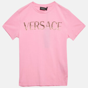 versace kids pink logo studded cotton crew neck t-shirt 10 yrs