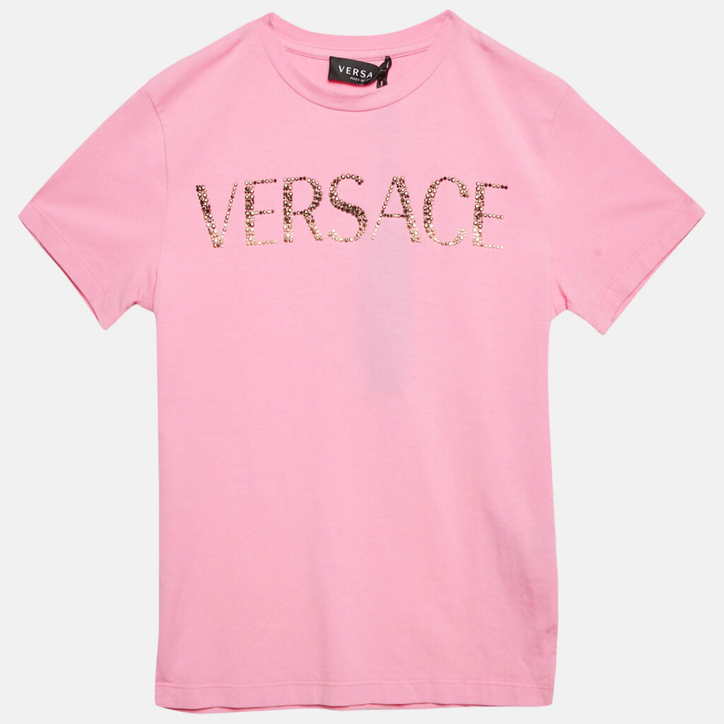 luxury-kids-versace-new-girls-p1129549-007.jpg Versace Kids Pink Logo Studded Cotton Crew Neck T-Shirt 10 Yrs