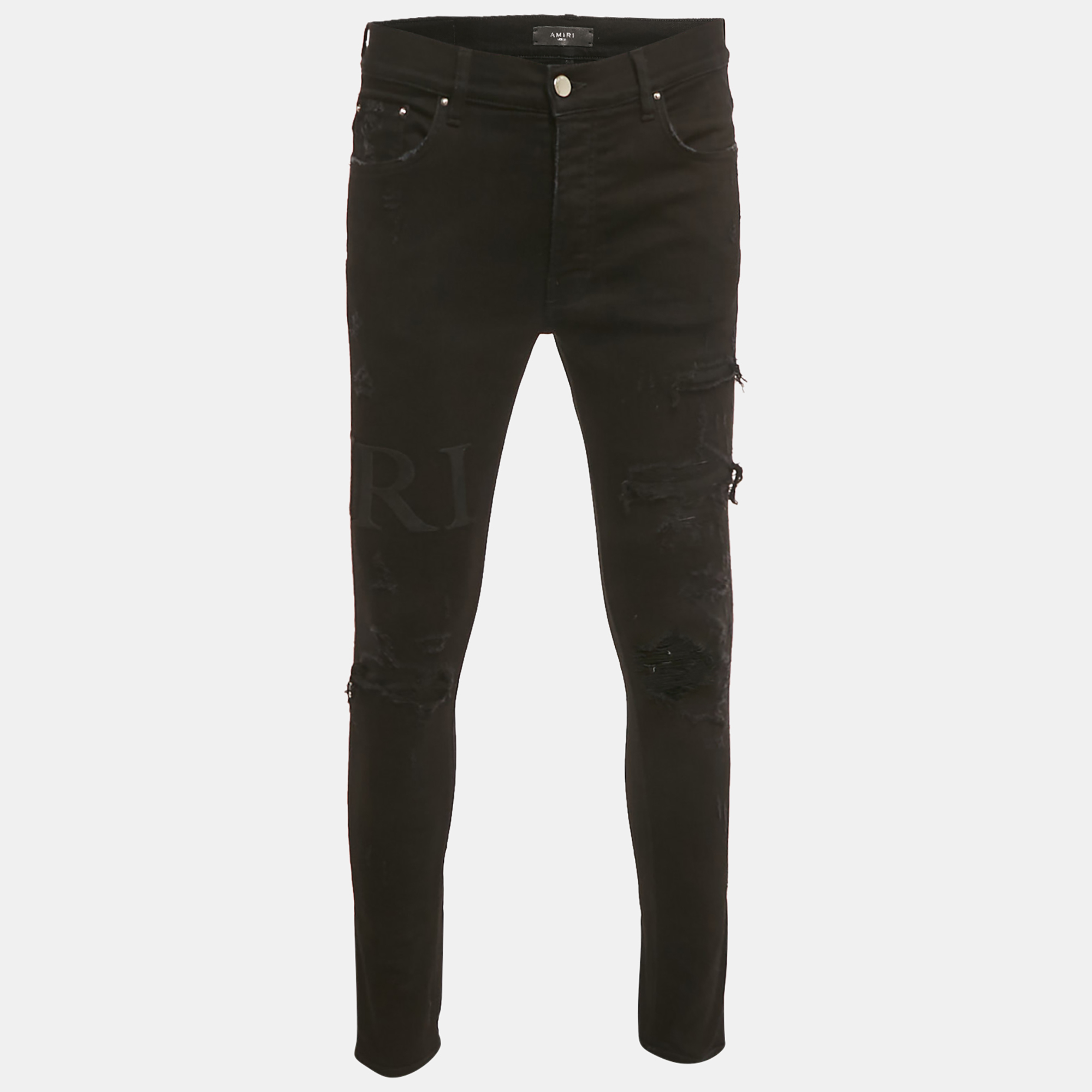 amiri black distressed denim logo applique detail jeans l waist 34"
