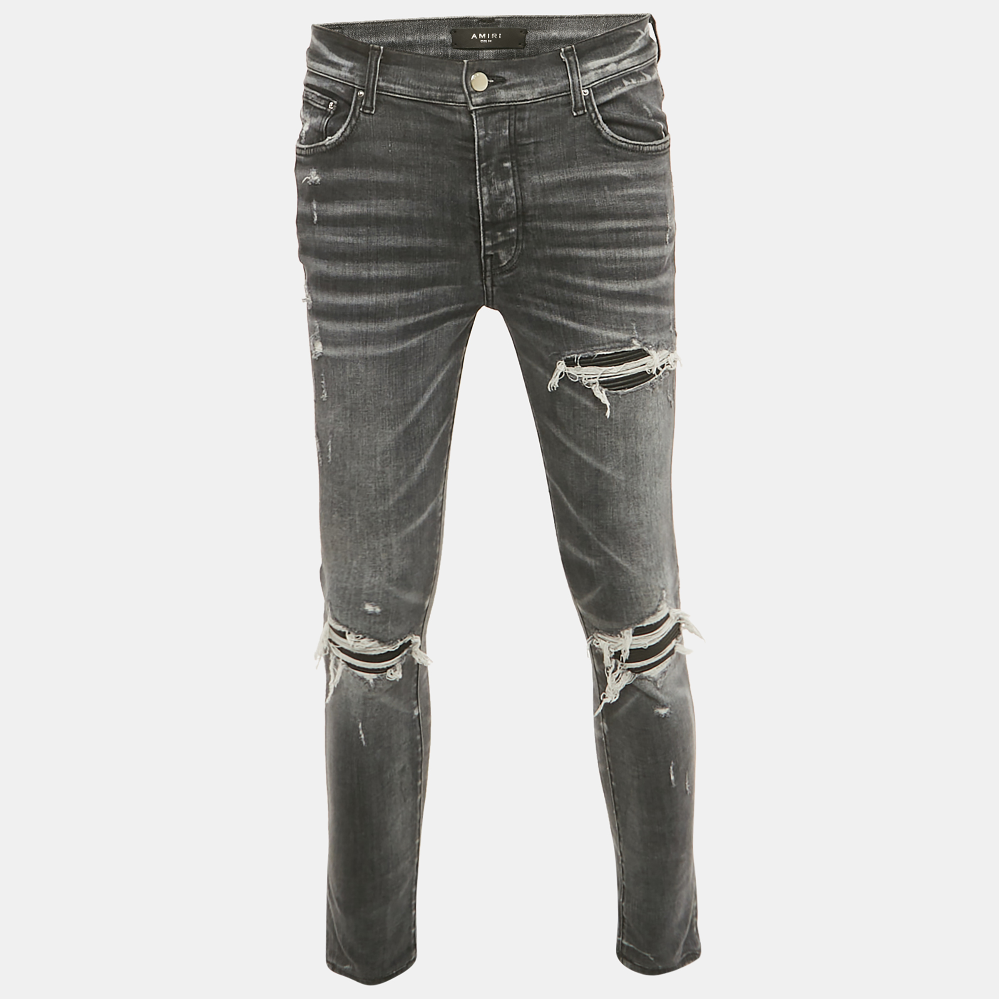 amiri grey denim distressed patch jeans m waist 32"