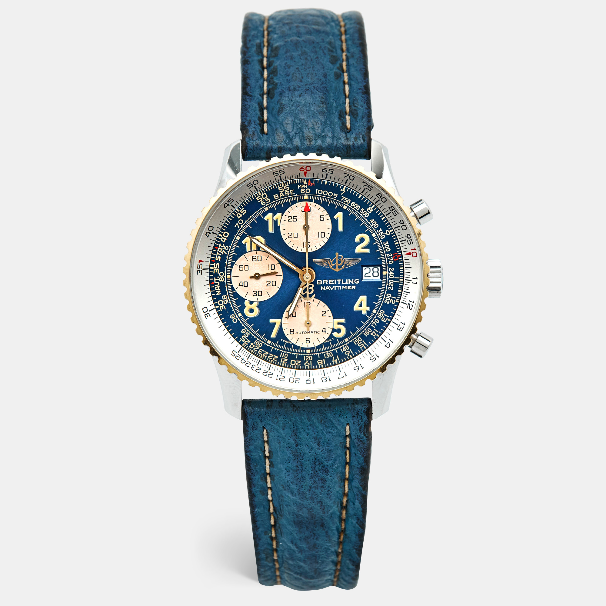 breitling navitimer d13022 blue dial 18k yellow gold stainless steel leather men's wristwatch 41 mm